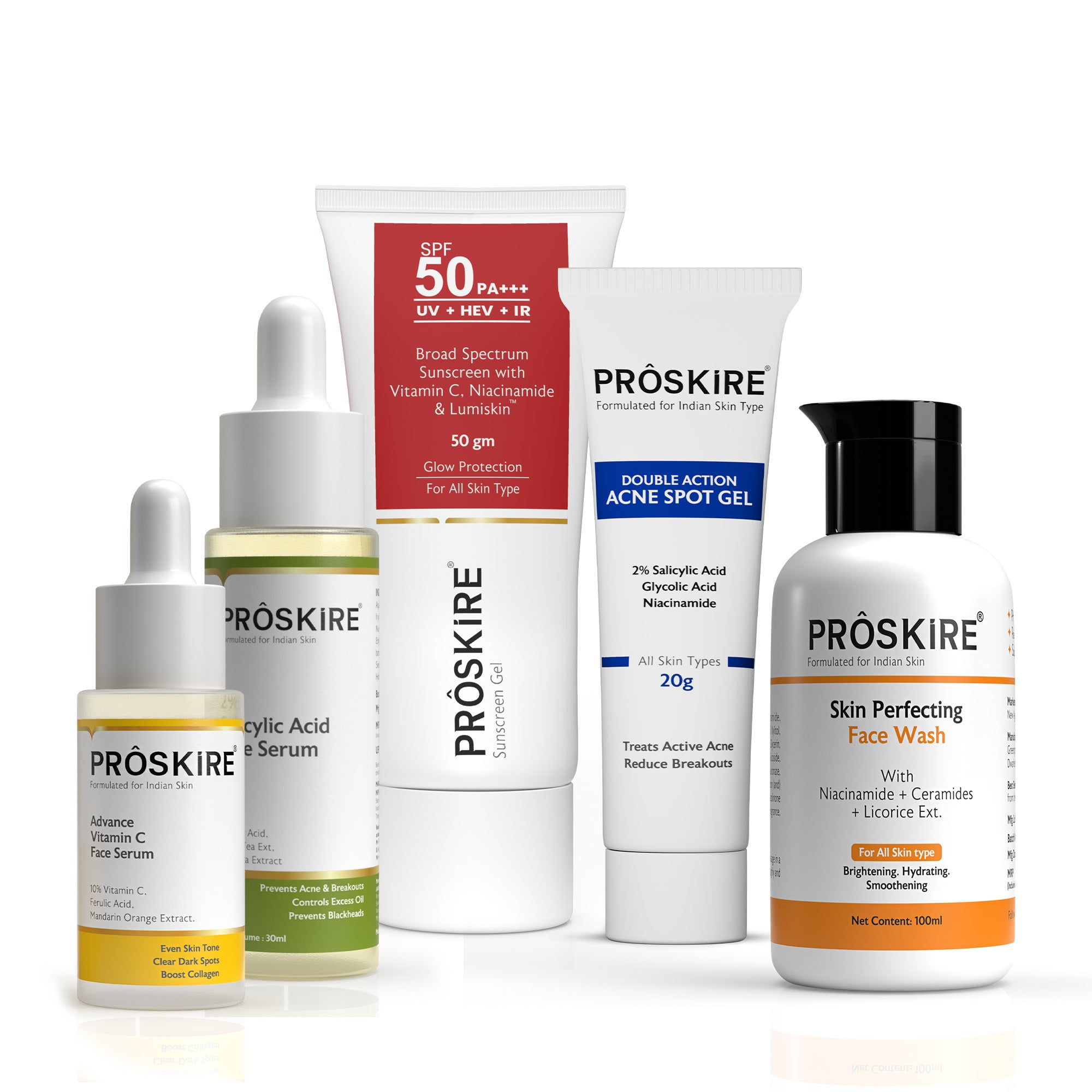 Glow Essentials Kit – Face Wash, Vit C Serums, Salicylic Acid Serum, Sunscreen & Acne Gel