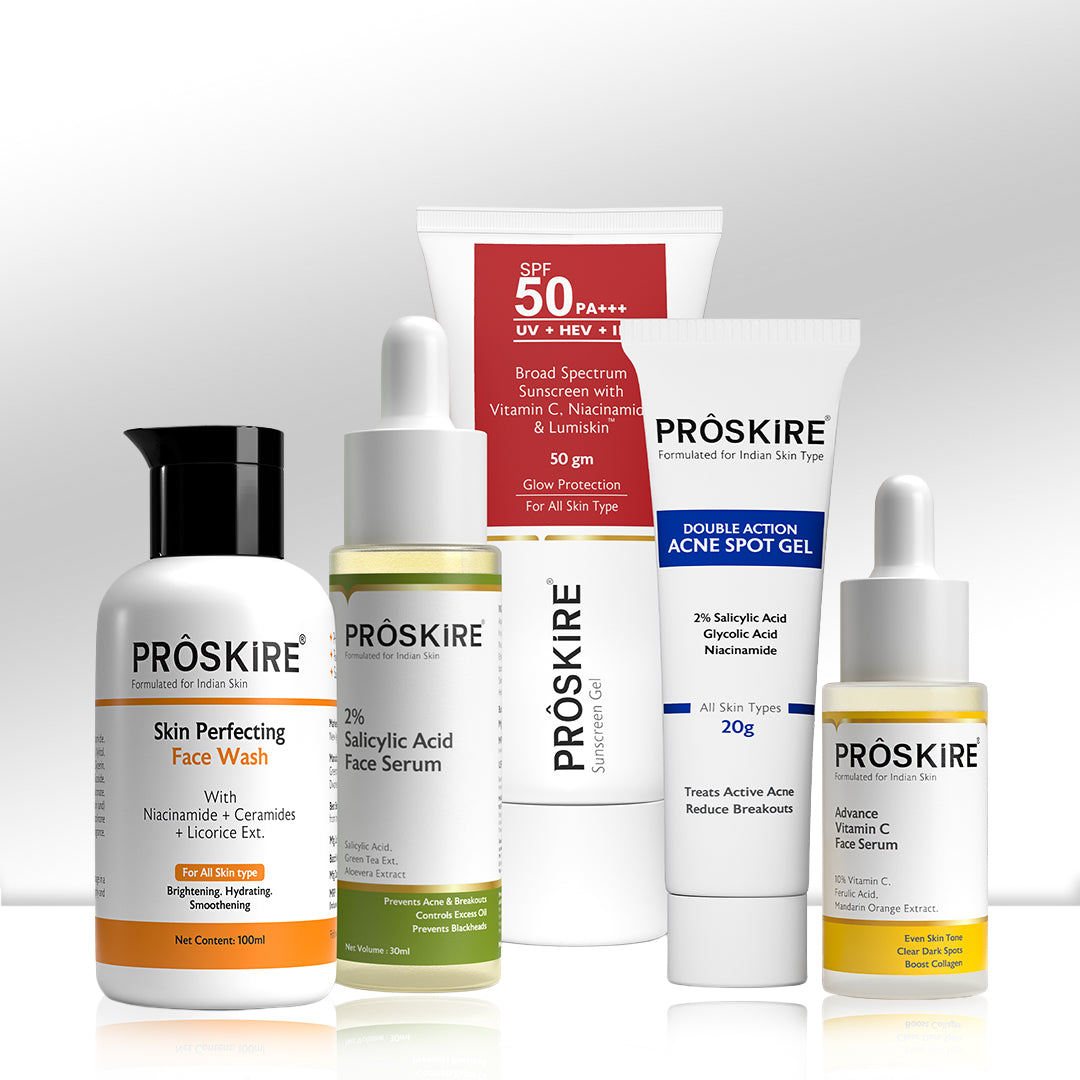Glow Essentials Kit – Face Wash, Vit C Serums, Salicylic Acid Serum, Sunscreen & Acne Gel