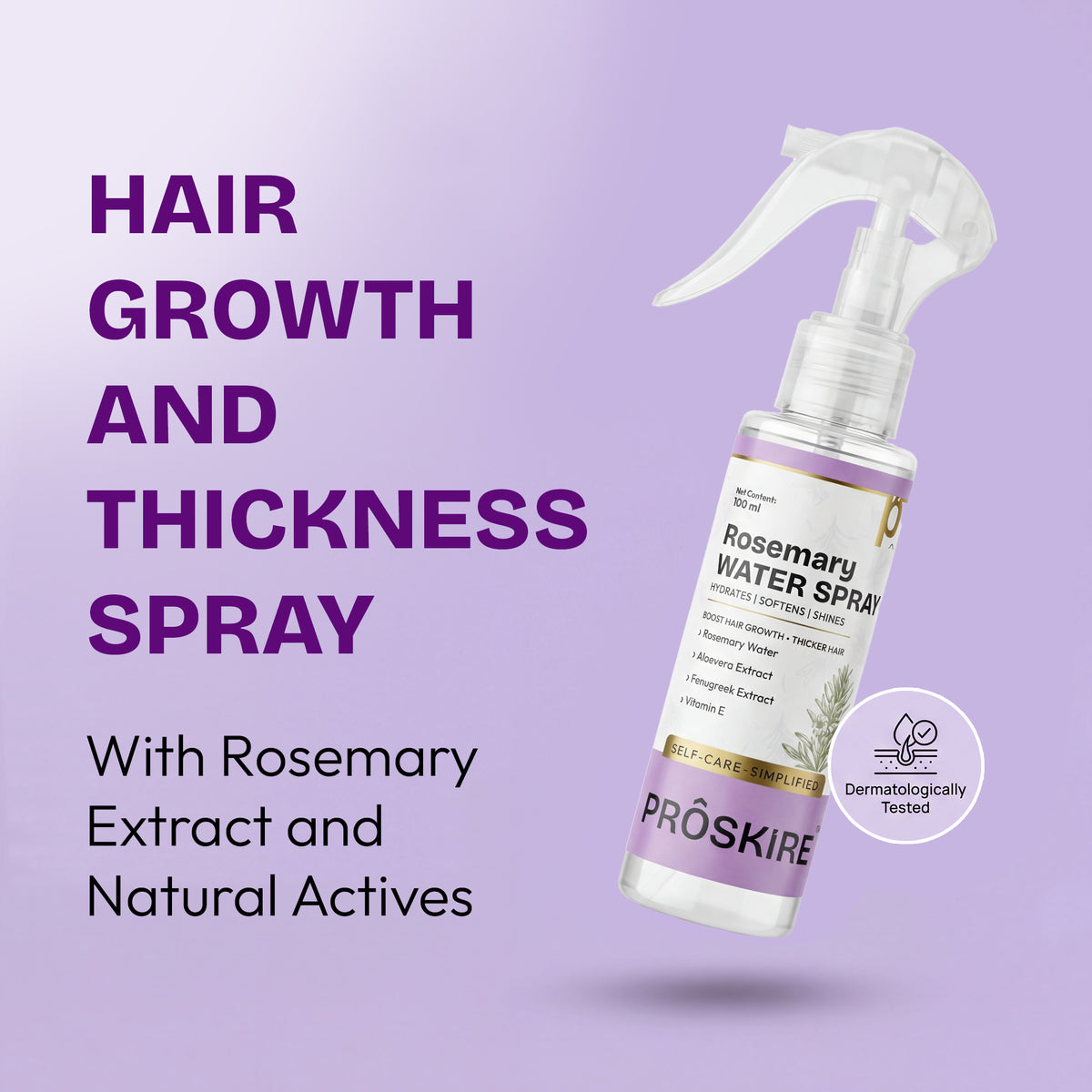 Proskire Rosemary Water Spray for Hair Growth | Hair Fall Control & Scalp Hydration | With Aloe Vera, Fenugreek & Vitamin E | Non-Greasy Leave-In Hair Mist for Thicker, Stronger Hair (100ml)