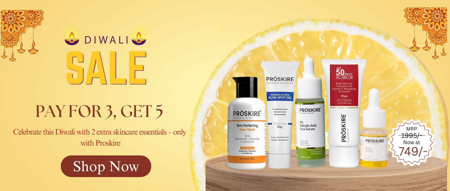 Promotional banner for Proskure skincare products with Diwali sale offer on a yellow background.