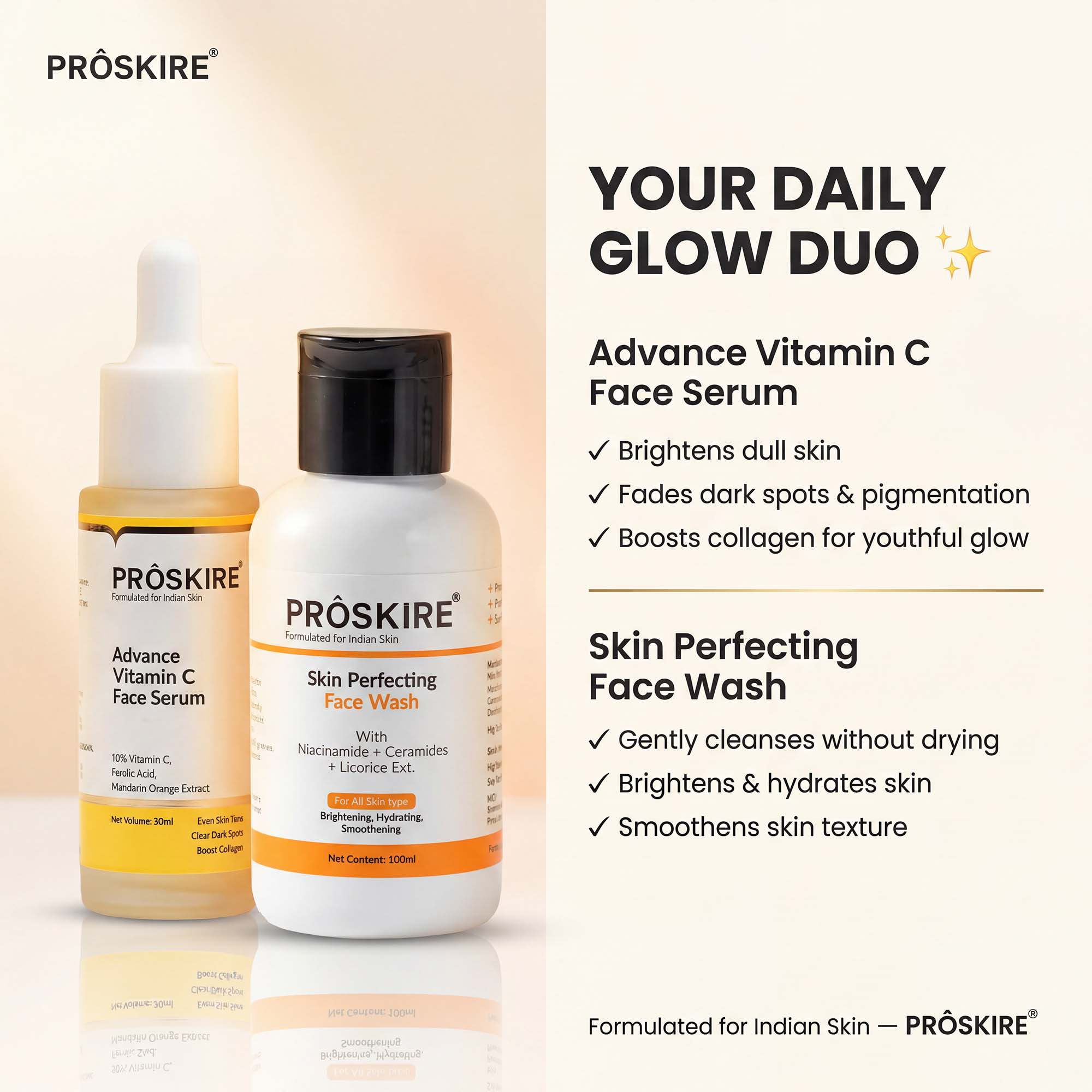 PROSKIRE Vitamin C Skincare Combo – Face Cleanser + Salicylic Acid Serum + Alpha Arbutin Serum | Brightening, Acne Control & Dark Spot Removal | Daily Glow Routine for All Skin Types