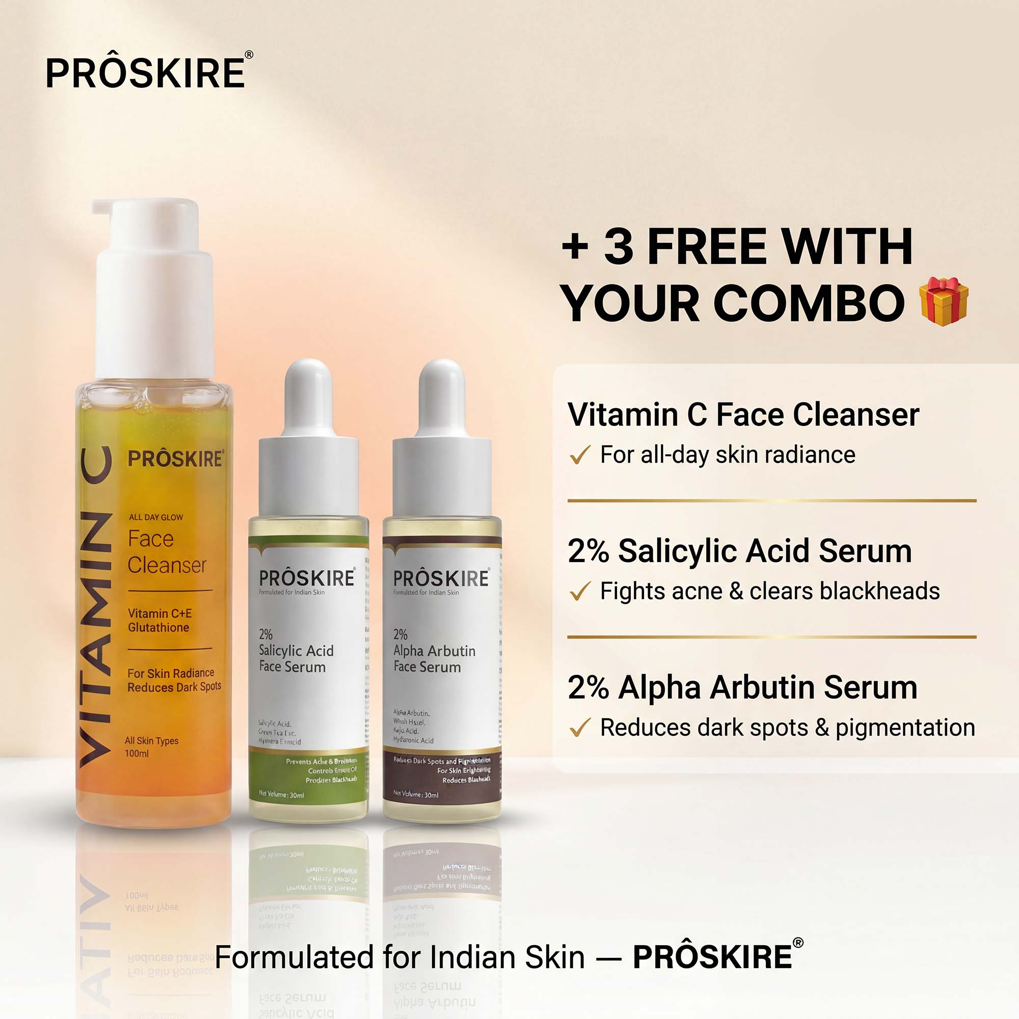 PROSKIRE Vitamin C Skincare Combo – Face Cleanser + Salicylic Acid Serum + Alpha Arbutin Serum | Brightening, Acne Control & Dark Spot Removal | Daily Glow Routine for All Skin Types