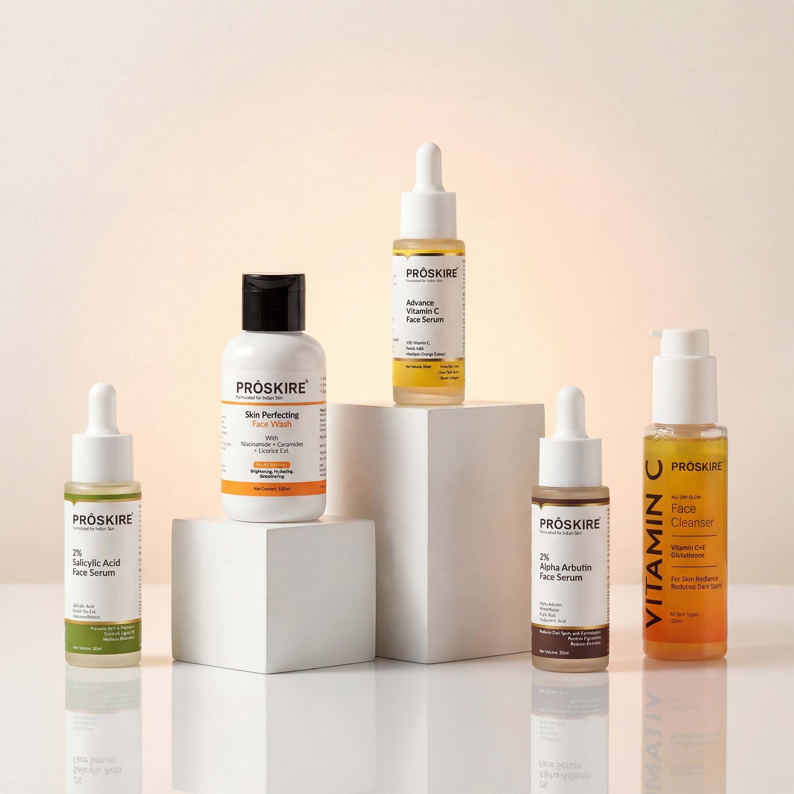 PROSKIRE Vitamin C Skincare Combo – Face Cleanser + Salicylic Acid Serum + Alpha Arbutin Serum | Brightening, Acne Control & Dark Spot Removal | Daily Glow Routine for All Skin Types