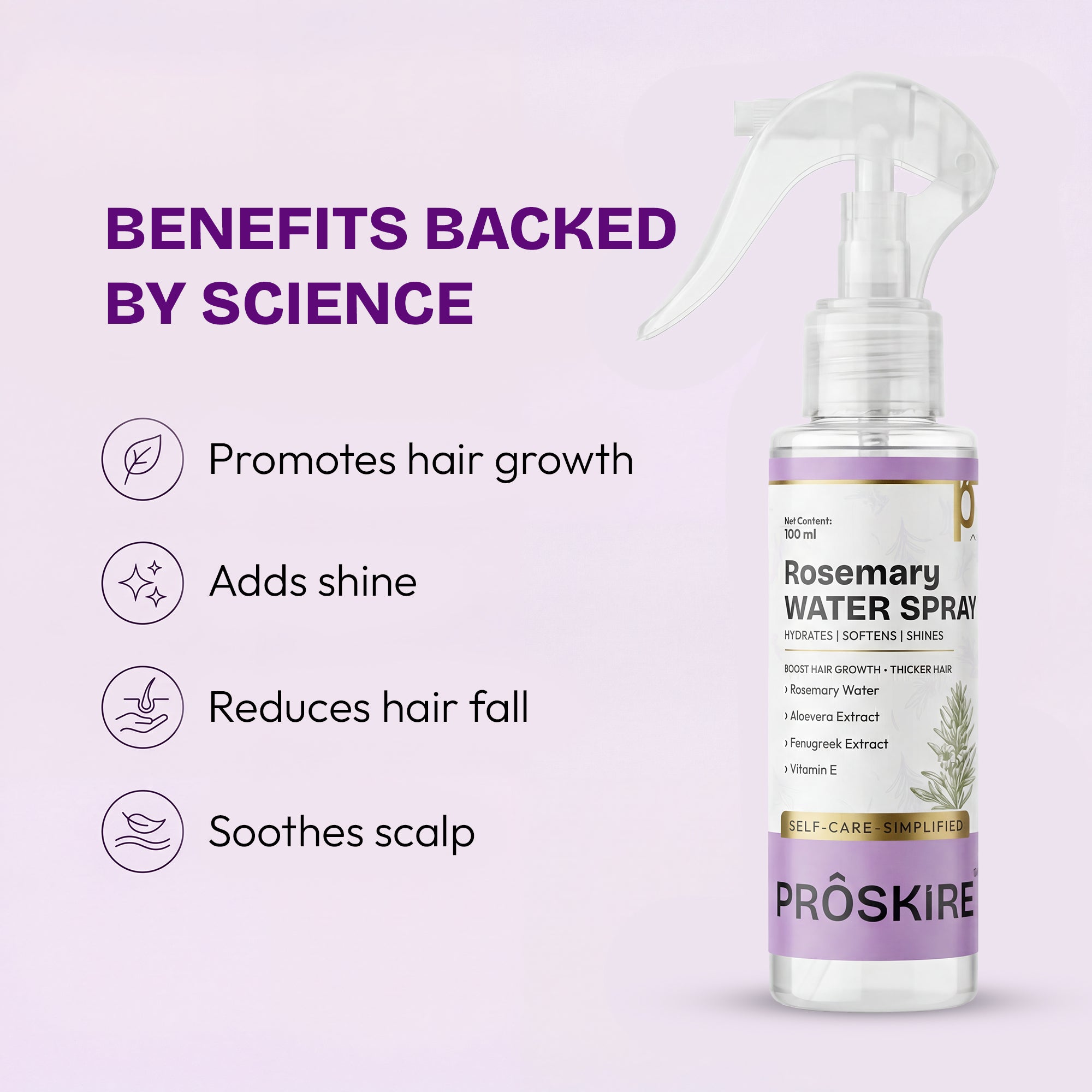 Proskire Rosemary Water Spray for Hair Growth | Hair Fall Control & Scalp Hydration | With Aloe Vera, Fenugreek & Vitamin E | Non-Greasy Leave-In Hair Mist for Thicker, Stronger Hair (100ml)