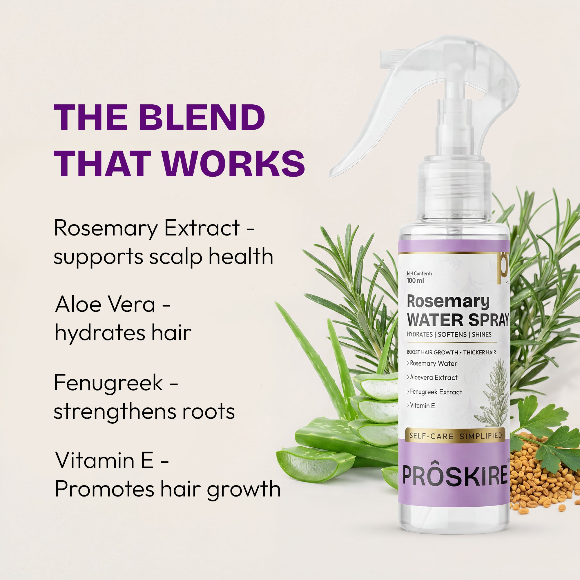 Proskire Rosemary Water Spray for Hair Growth | Hair Fall Control & Scalp Hydration | With Aloe Vera, Fenugreek & Vitamin E | Non-Greasy Leave-In Hair Mist for Thicker, Stronger Hair (100ml)