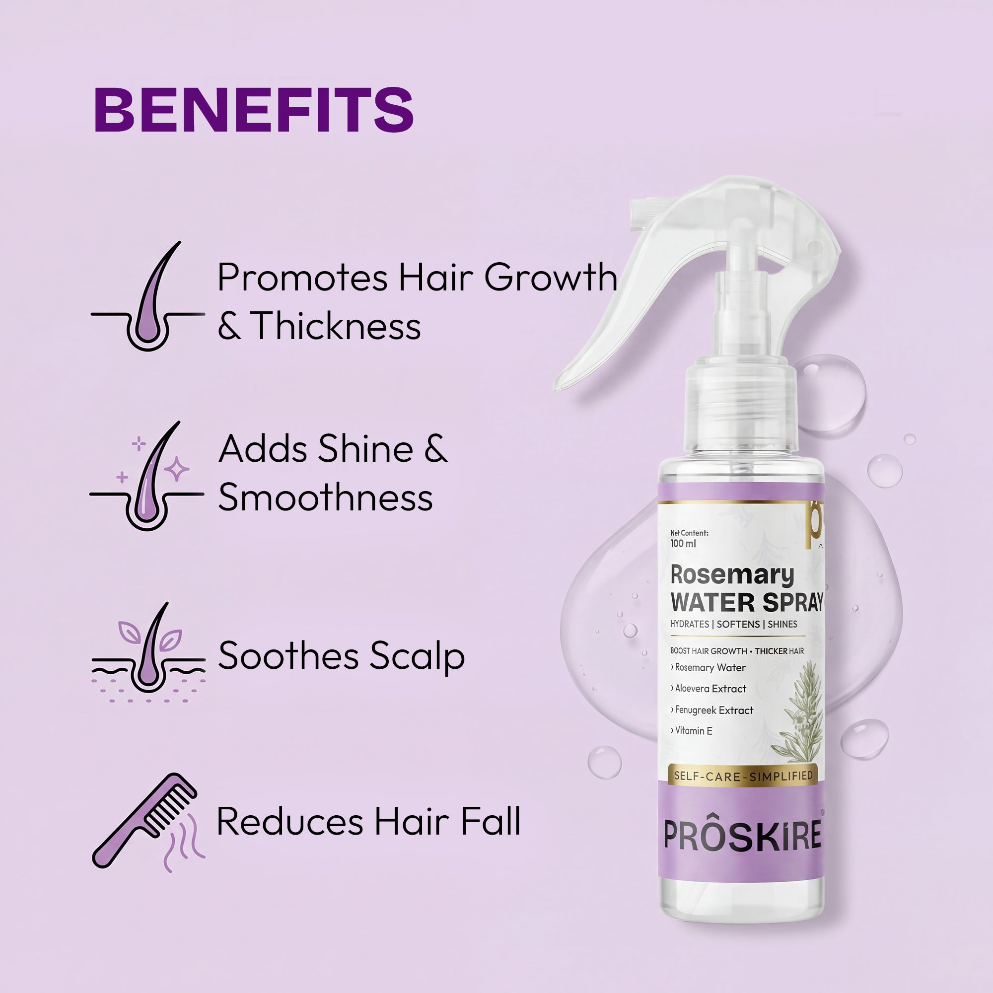 Proskire Rosemary Water Spray for Hair Growth | Hair Fall Control & Scalp Hydration | With Aloe Vera, Fenugreek & Vitamin E | Non-Greasy Leave-In Hair Mist for Thicker, Stronger Hair (100ml)