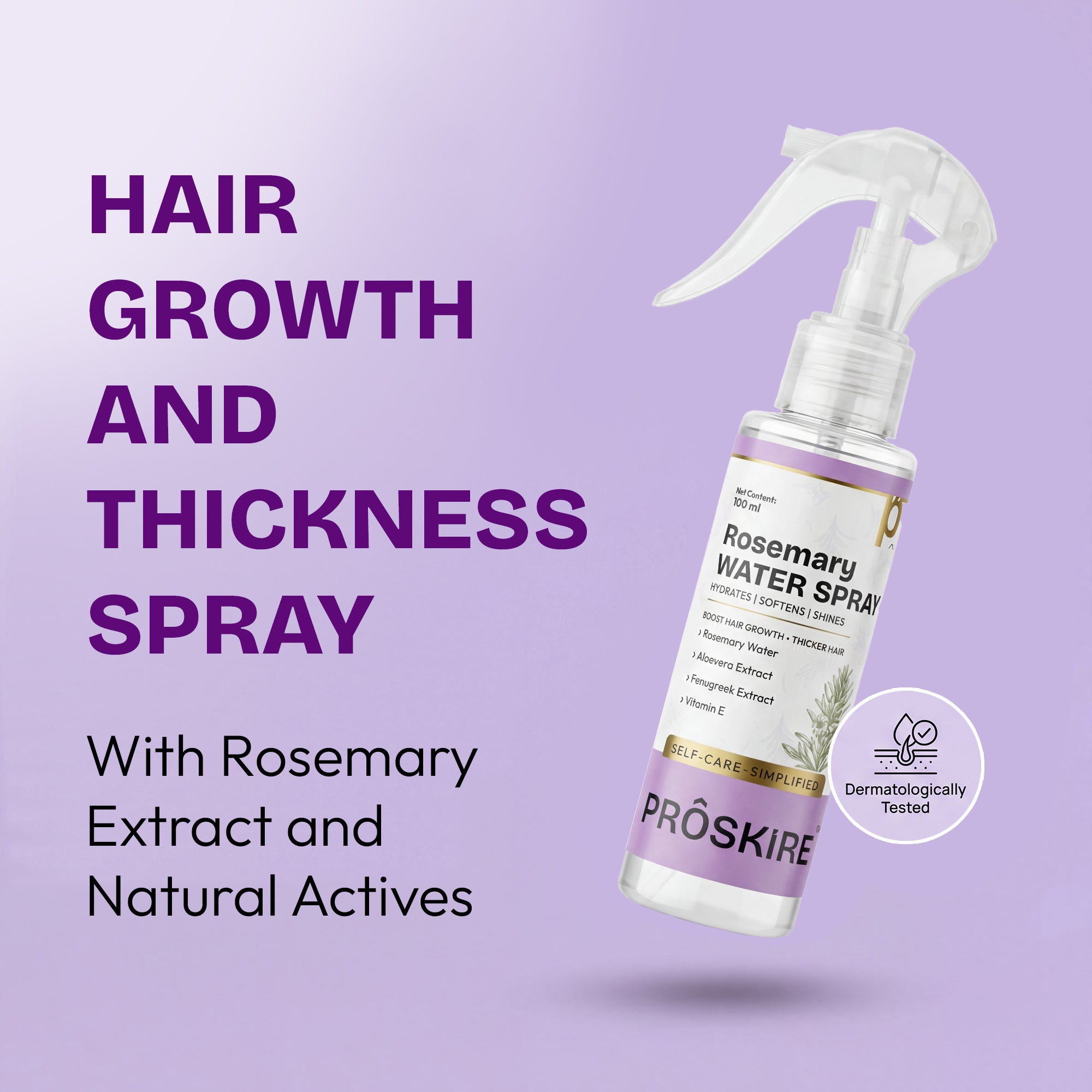 Proskire Rosemary Water Spray for Hair Growth | Hair Fall Control & Scalp Hydration | With Aloe Vera, Fenugreek & Vitamin E | Non-Greasy Leave-In Hair Mist for Thicker, Stronger Hair (100ml)
